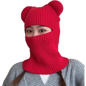 Women's Red Winter Hat Warm Hooded Scarf Hat Balaclava Knit Skull Beanie